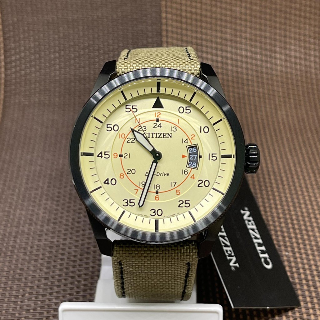 Citizen Eco Drive AW1365 19P Men Beige Canvas Cream Dial Analog With Date Watch Shopee Malaysia