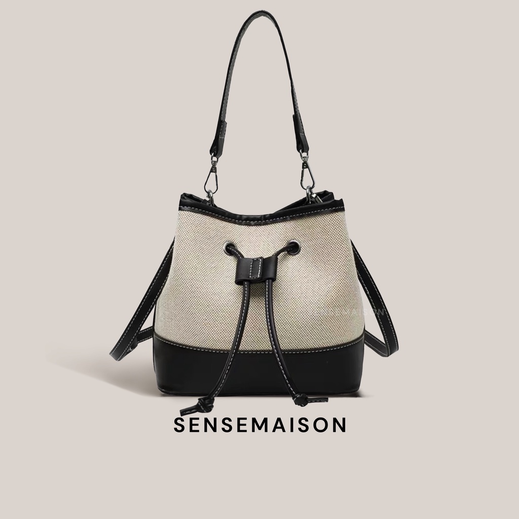 SENSEMAISON Women’s Bucket Sling Bag Korean Style Duo Tone Drawstring ...