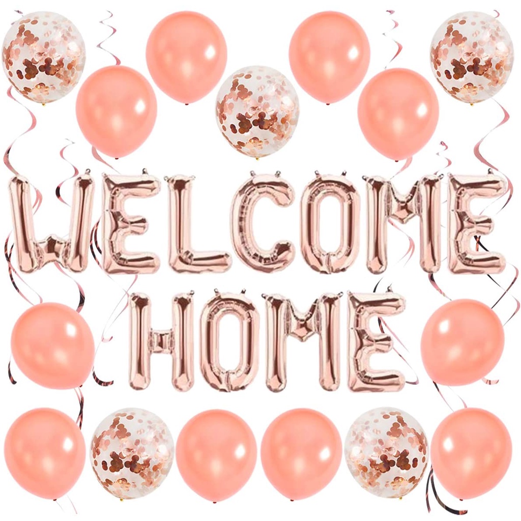 Joymemo Rose Gold Welcome Home Party Decorations Welcome Home Balloons Banner Hanging Swirls Kit 4962