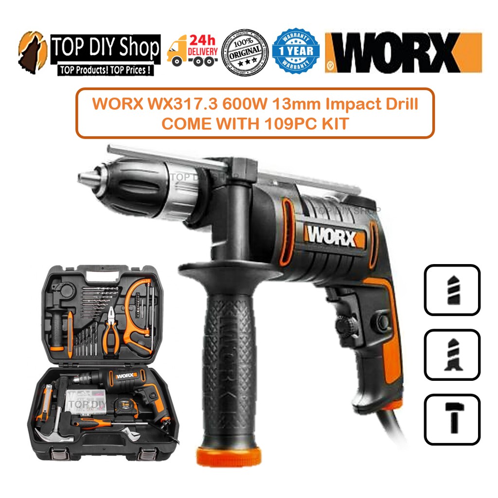 WORX WX317.3 Electric IMPACT DRILL 600W C WITH 109PC KIT Variable