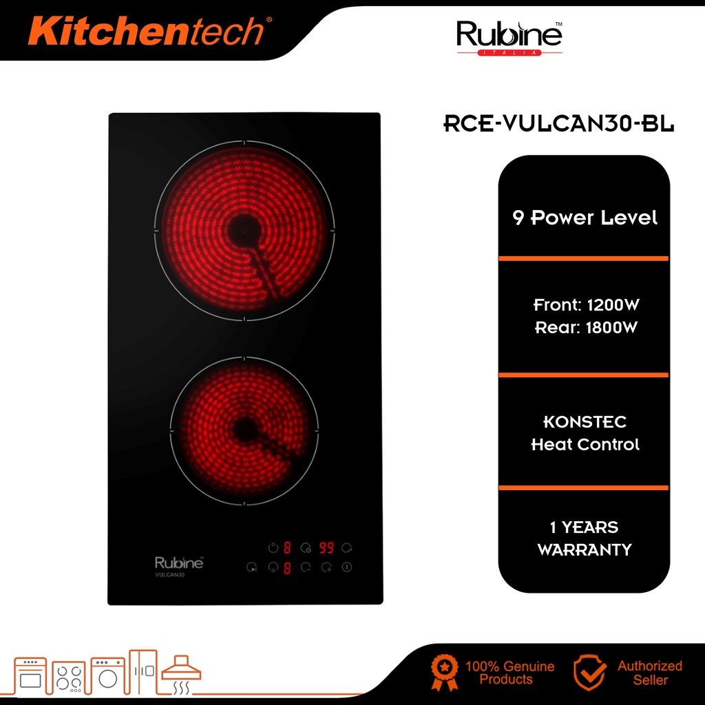 Rubine RCE-VULCAN30-BL Vulcan Series Ceramic Electric Hob 1800W 9 Power ...