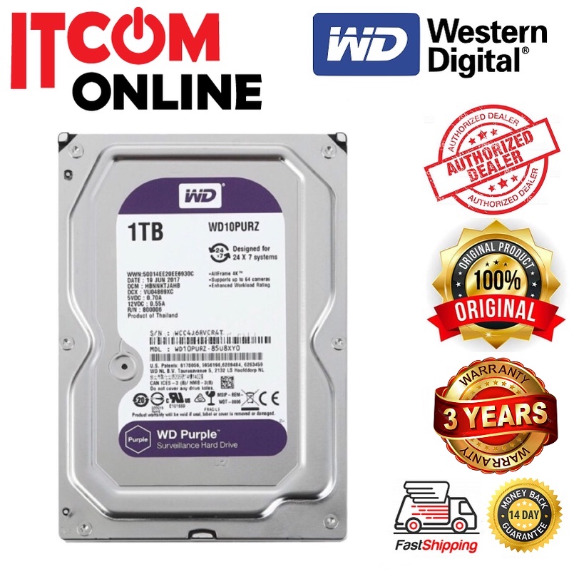 WD PURPLE 1TB 2TB 3.5' SATA SURVEILLANCE HDD (WD10PURZ)(WD23PURZ