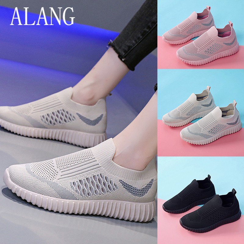 READY STOCK Women Slip On Running Shoes Mesh Casual Flat Sole ...