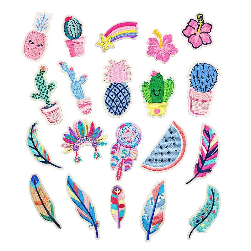Factory customized embroidered cloth stickers cactus feather cloth