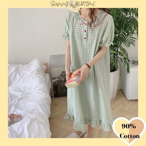 SUNNY 90% Cotton Night Dress Plaid Night Gown Cotton Dress Tidur Green  Checkered Pyjamas Women Nightwear Sleepwear Women
