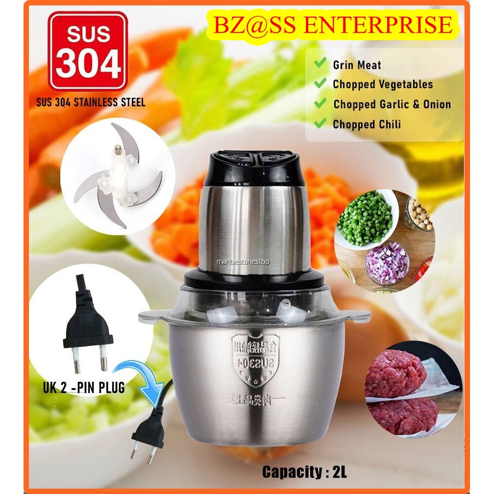 2L Stainless Steel Electric Meat Mincer Chopper Food Processor Blender  Grinder-Pengisar Daging Sayur Besi Tahan Karat