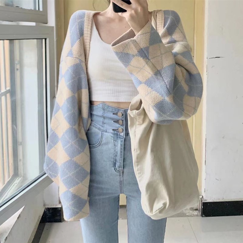 Korean style knitted cardigan women long sleeved plaid fashion