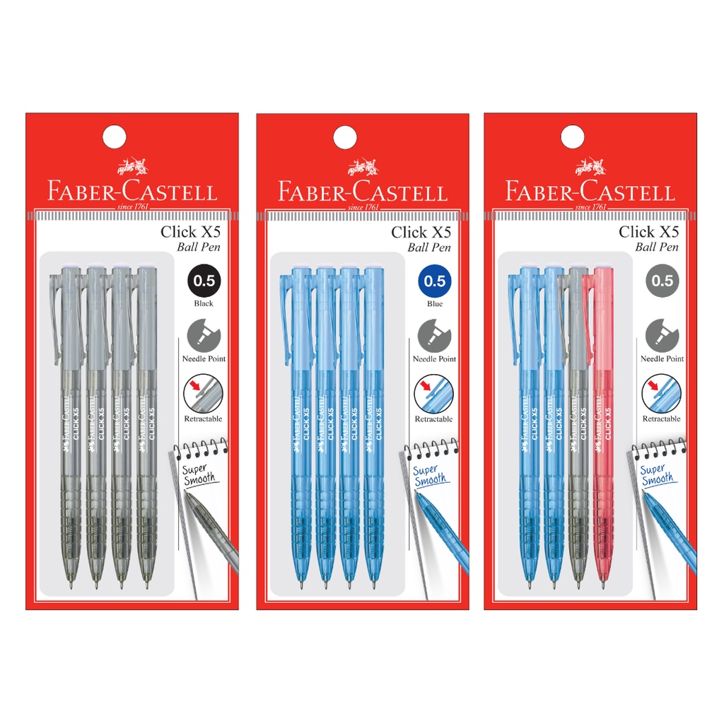 FABER-CASTELL Click X5 / X7 Ball Pen 0.5mm 0.7mm 4pcs Set (Black/Blue ...