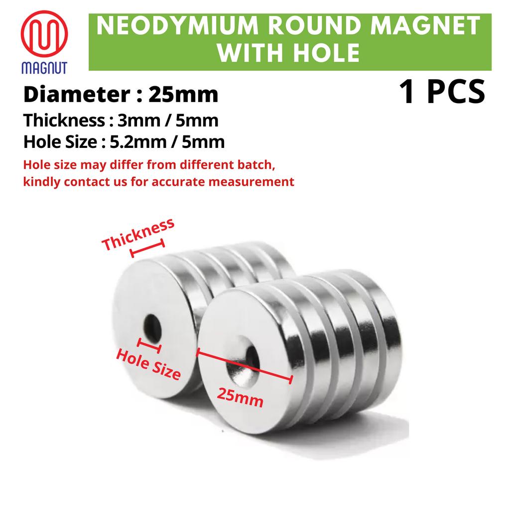 1pcs - 25mm x 3mm / 5mm Rare Earth Neodymium Round Magnet with Hole ...