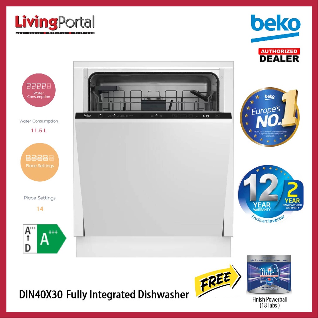 Beko DIN46X30 FullyIntegrated Dishwasher 14 place settings, Fullsize