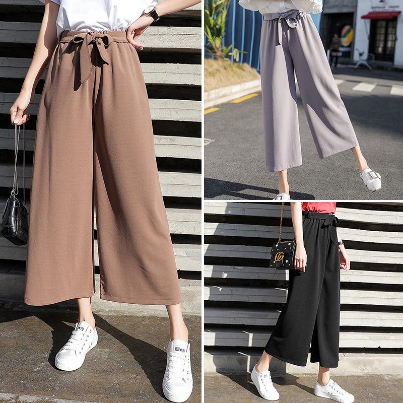 Spring Summer New Korean Style Pleated Chiffon Pants High Waist Pants  Fashion Casual Wide Legs Hakama Pants,black