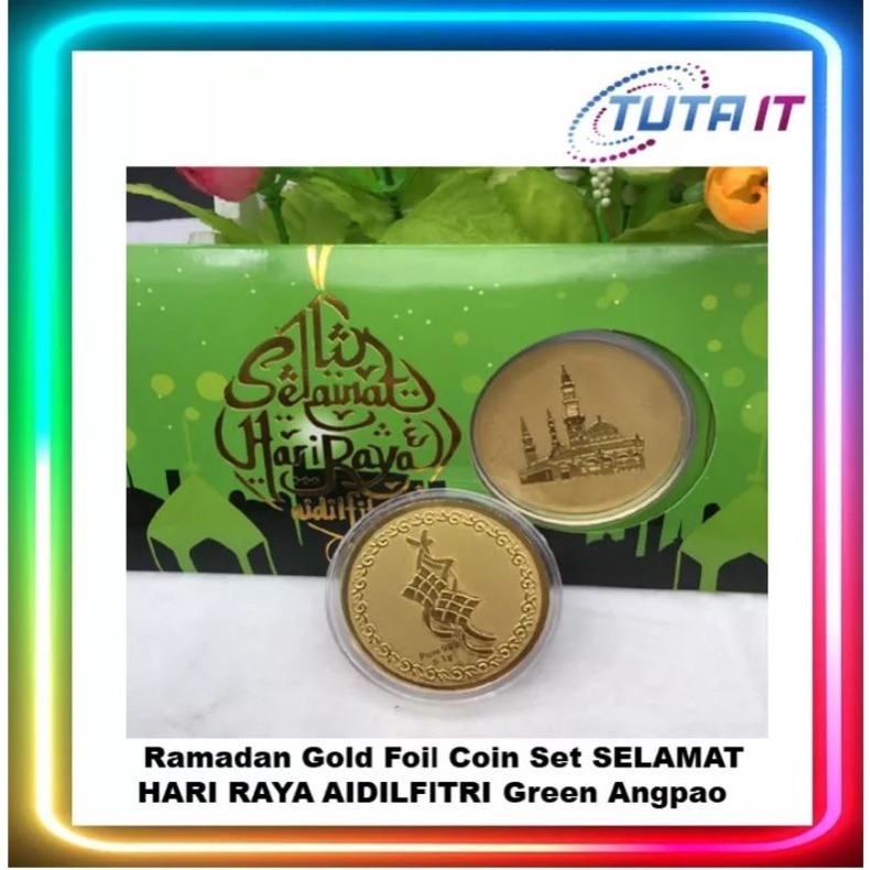 Ramadan Gold Foil Coin Set SELAMAT HARI RAYA AIDILFITRI Green Angpao ...