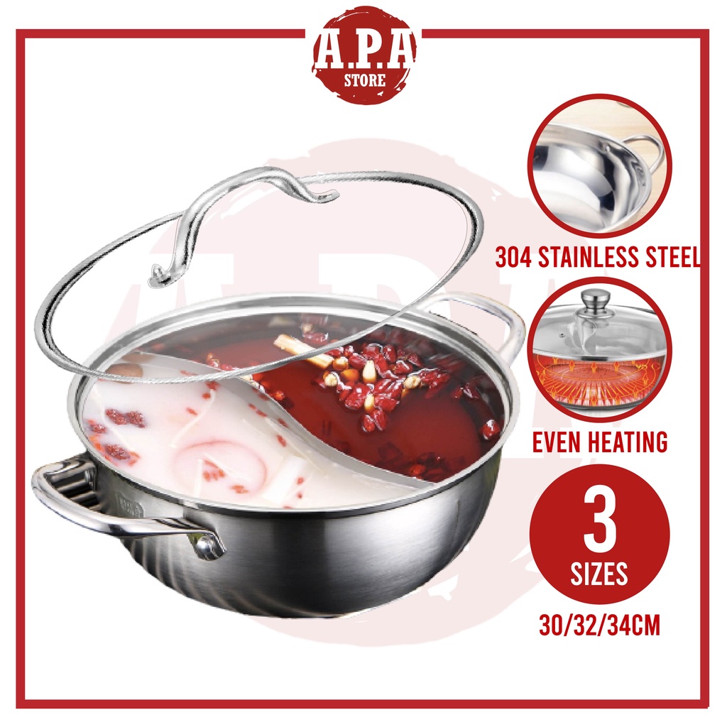 Apa Large Hot Pot Stainless Steel Hotpot S Shape Shabu Steamboat Pot Boil Glass Lid