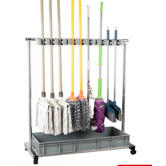 Stainless Steel Floor Type Removable Mop Rack Balcony Cleaning Tools