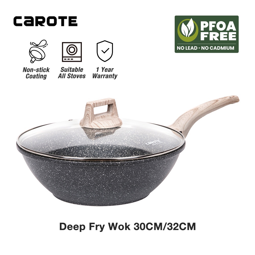 Carote Essential Woody Maifan periuk batu Non-Stick Wok Stir-Fry Wok with  Lid (30/32cm)