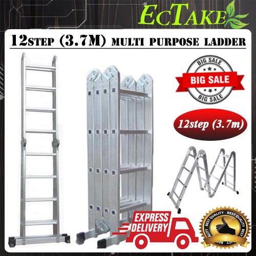 [ECTAKE] 12 Step (3.7mtr)MultiPurpose Heavy Duty Foldable Ladder Aluminium Ladder Tangga Lipat (BIG HINGE DESIGN)