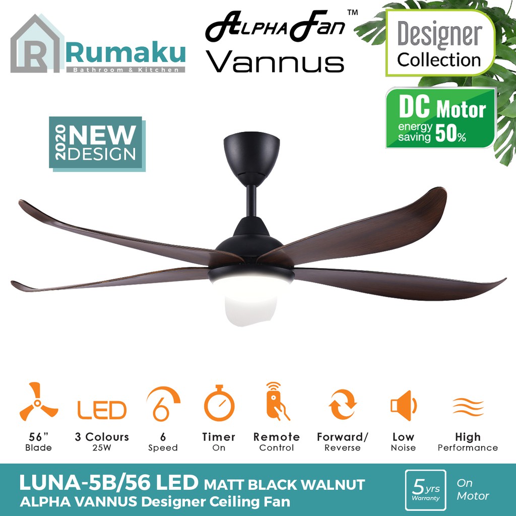 ALPHA Vannus Luna-5B [LED] 56'' Designer Ceiling Fan [MATT BLACK WALNUT ...