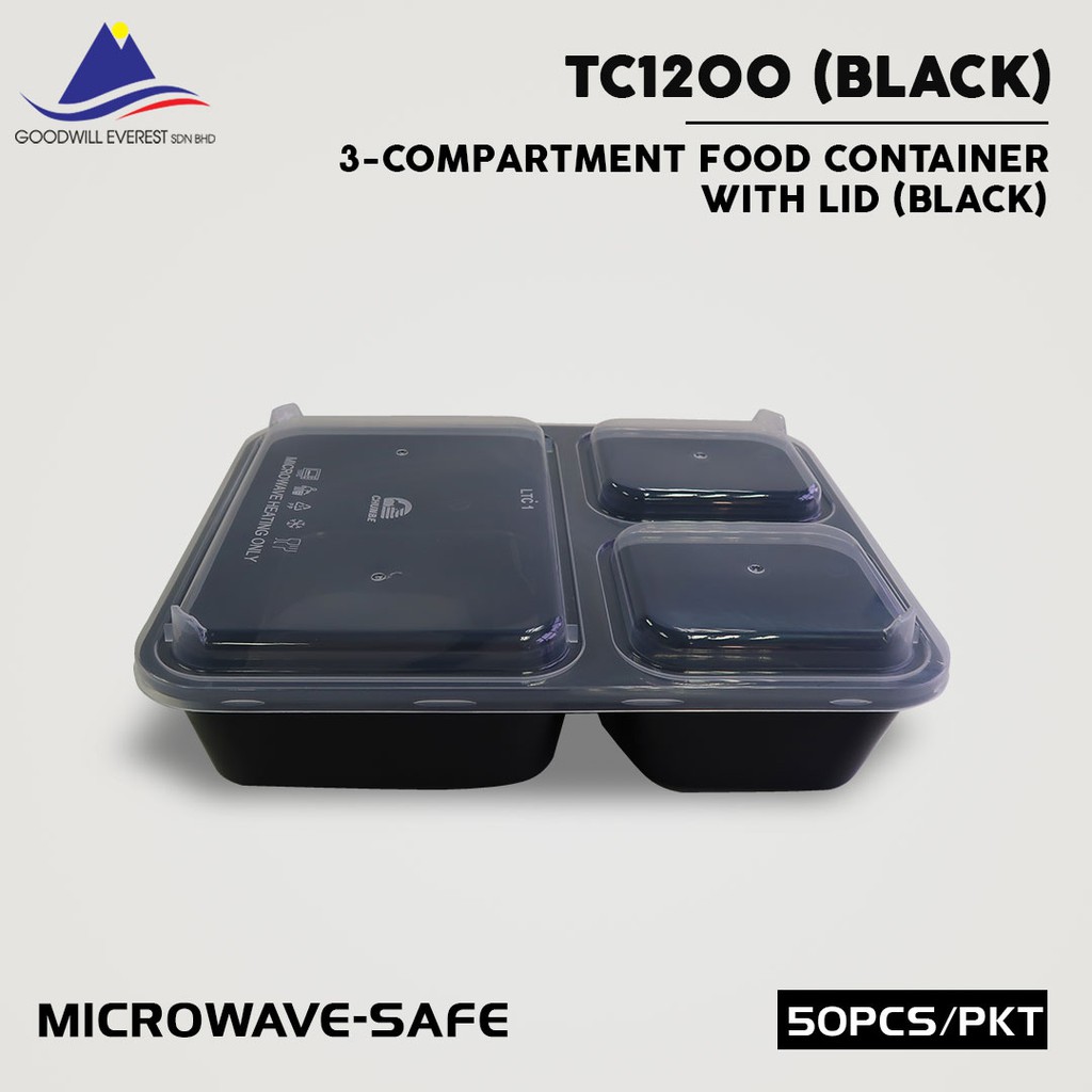 (50sets) 1200TC 3-Compartment Container with Lid (Black) | Shopee Malaysia