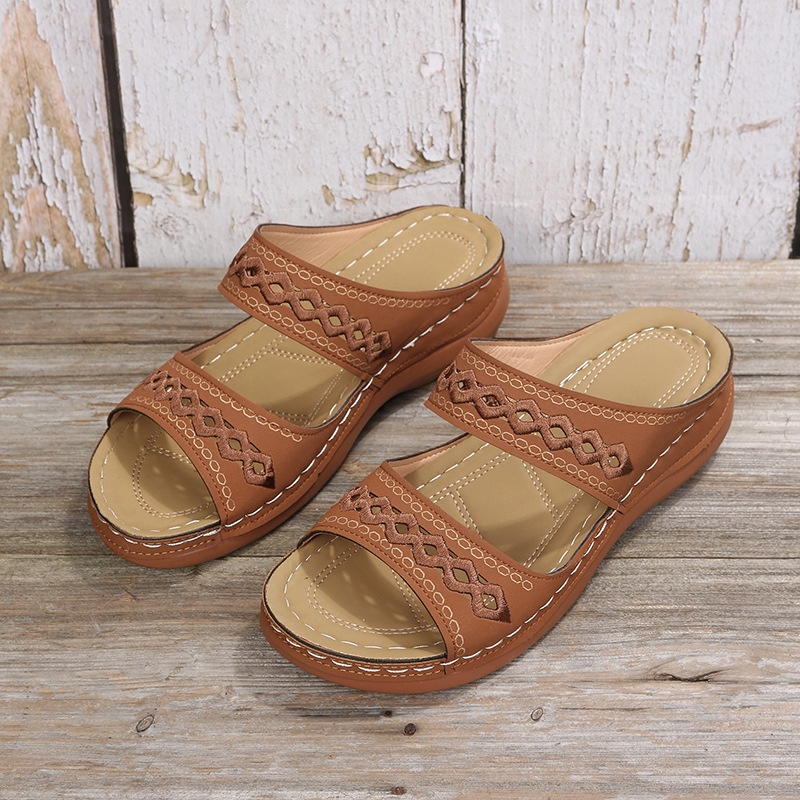Retro Embroidered Slippers Non Slip Casual Sandals Comfortable Think Soft Sole Wedges Shopee Malaysia