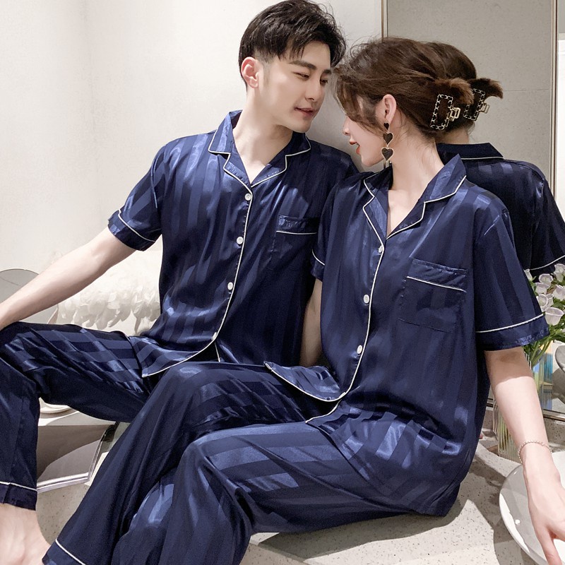 Couple sleepwear silk pajamas women's nightdress with chest pad summer  men's long-sleeved pajamas suit green Women M