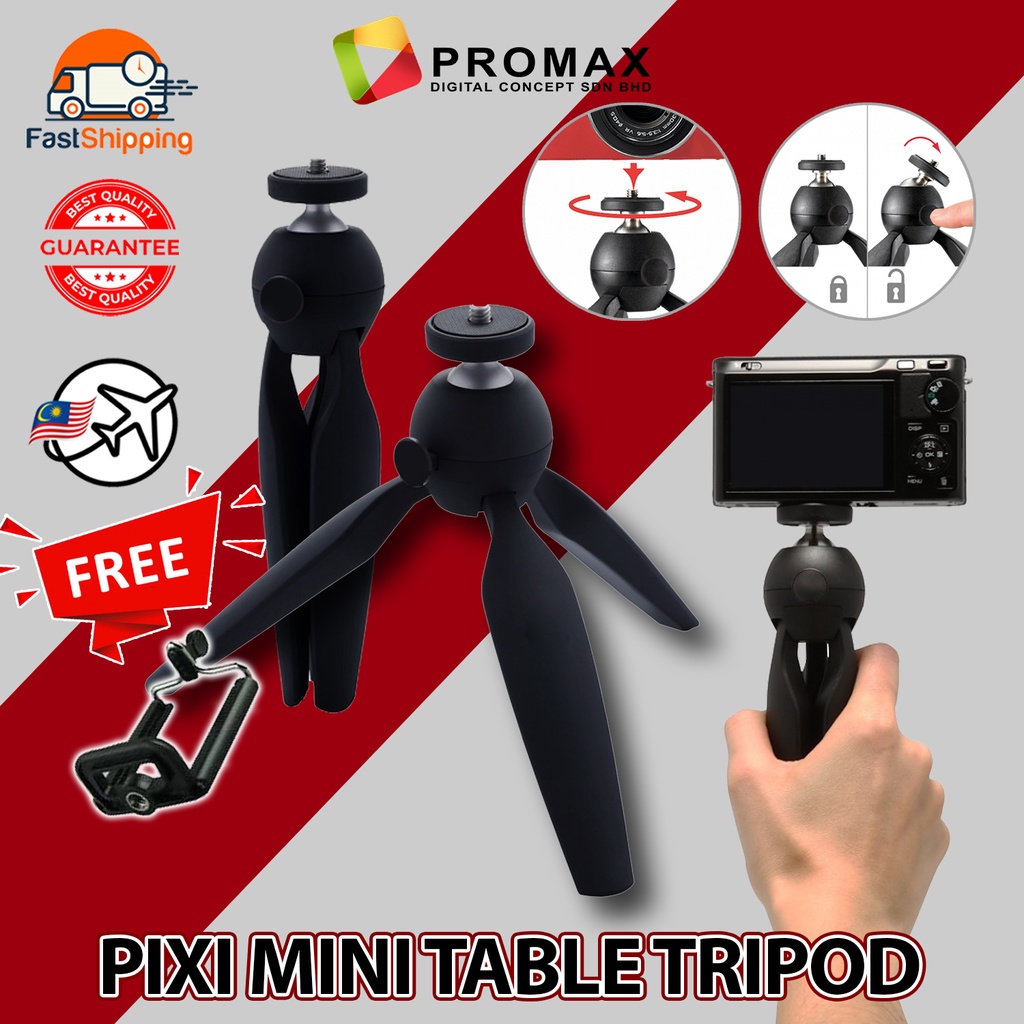 PIXI Compact Mini Table Top Tripod ( Same like Manfrotto ) Black for Camera  / Smartphone / GoPro / Action Camera