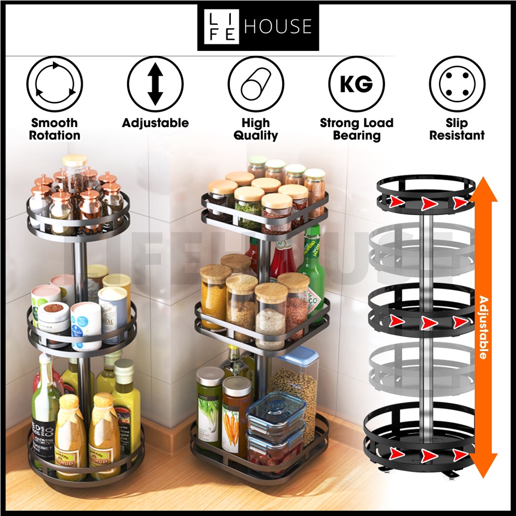 360 Degree Rotatable Kitchen Spice Rack (1-3 Layers) Rak Dapur ...