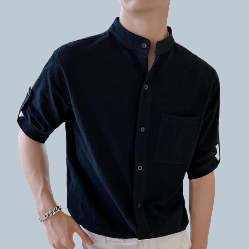 Linen Stand Mandarin Collar Shirt Men Fashion Slim Fit Casual