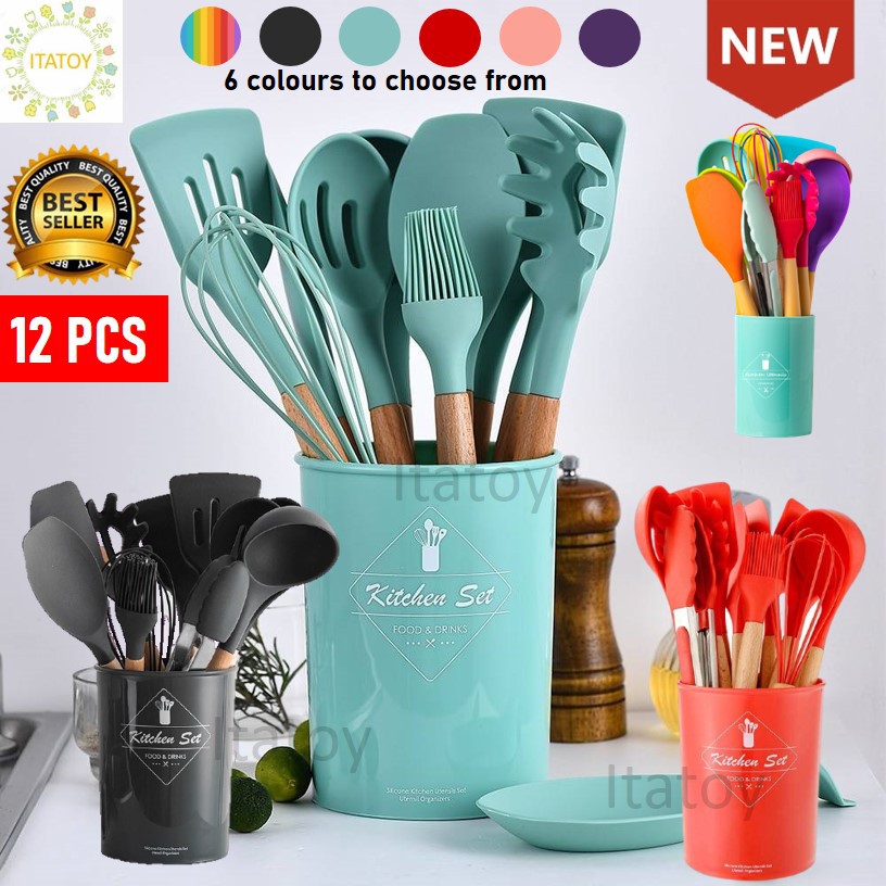 [READY STOCK] Spatula 12 Pcs Silicone Cooking Tools Set Kitchen ...
