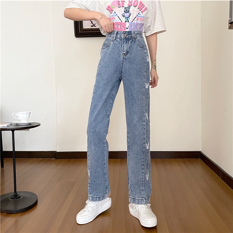 Jeans High Waist Loose Baggy Jeans Butterfly Embroidery Straight Wide ...