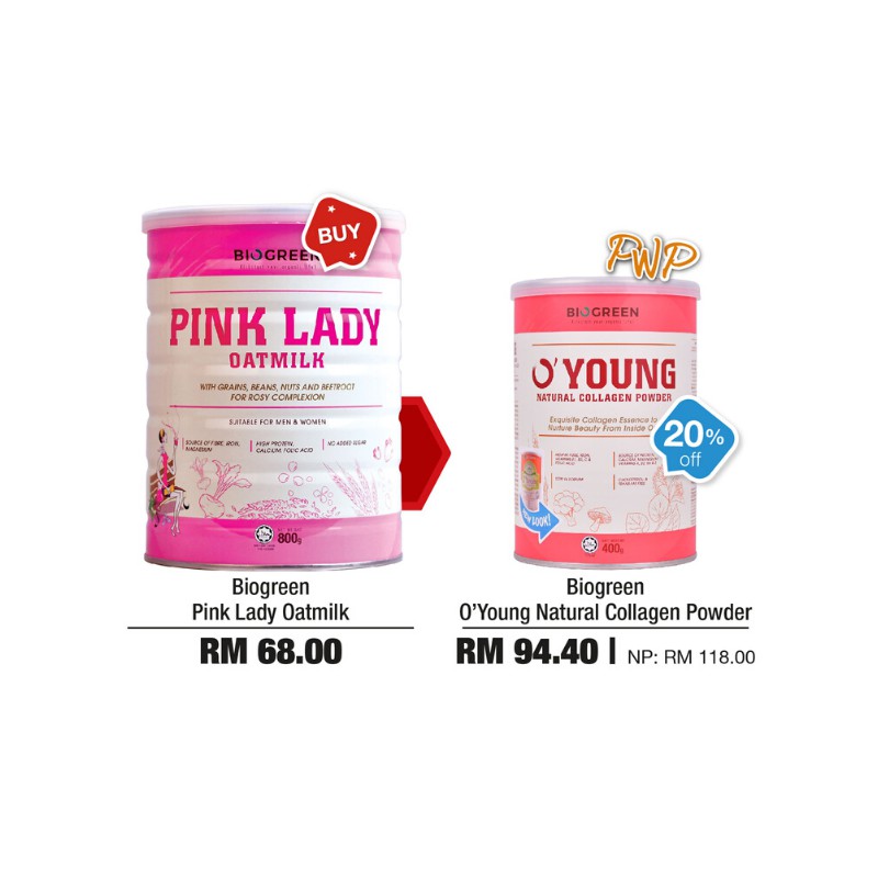 Biogreen Pink Lady Oatmilk 800g PWP O'Young Natural Collagen 400g @ 20% ...