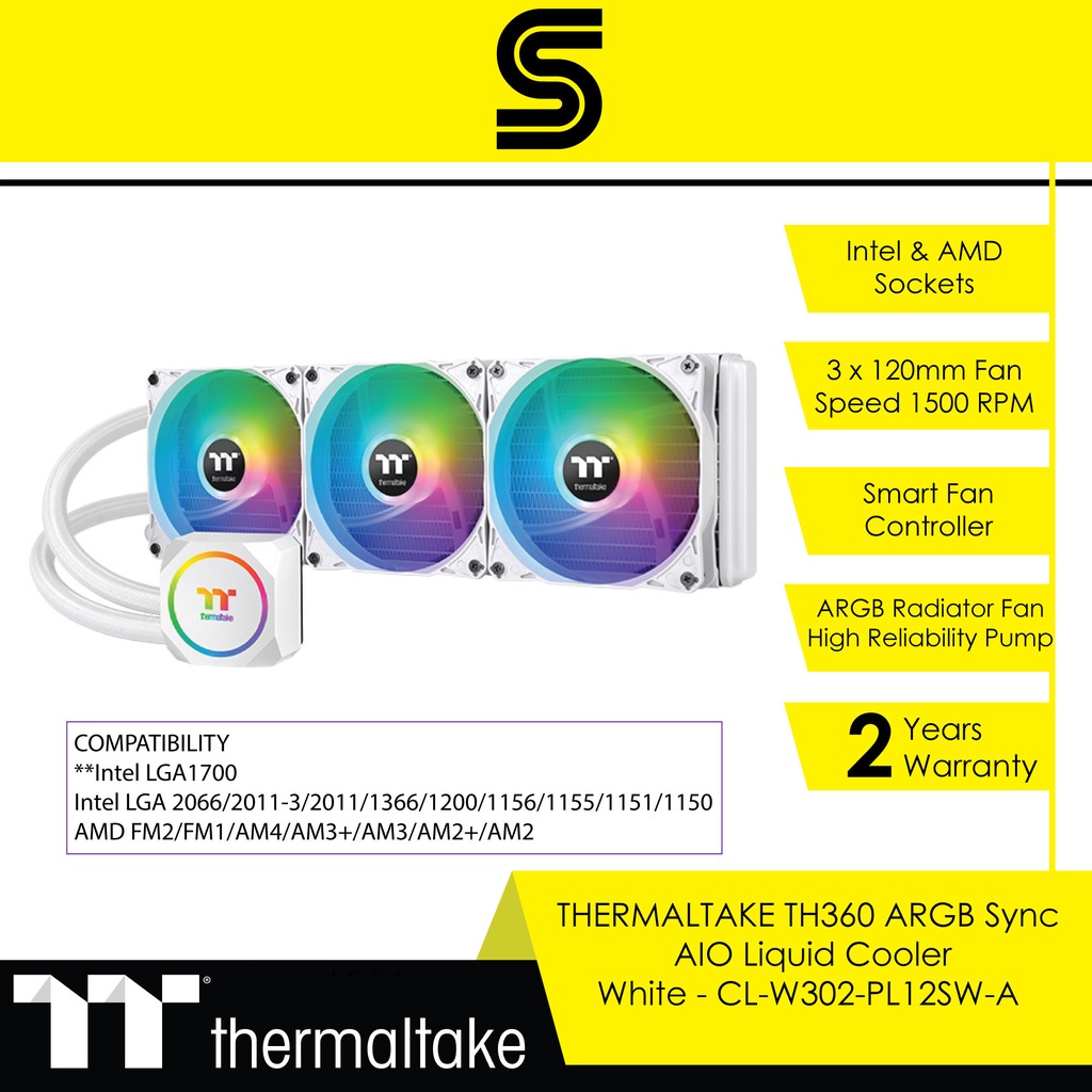 THERMALTAKE TH360 ARGB Sync AIO Liquid Cooler - White - CL-W302-PL12SW ...