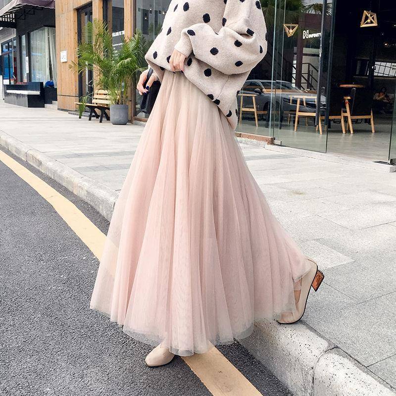 3 Layers of Yarn Lining Women s Tutu Skirt Fashion Pleated Long Skirt Net Yarn Tutu A line Midi Skirt