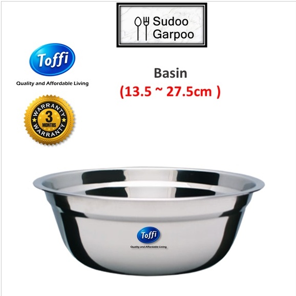 TOFFI~ Basin Stainless Steel/ Besen Besi (14/16/18/20/22/24/26/28cm) 3 ...