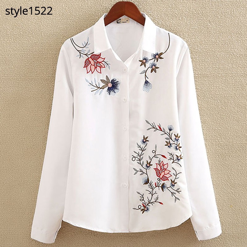  Women Floral Embroidery Blouse Shirt White V-Neck