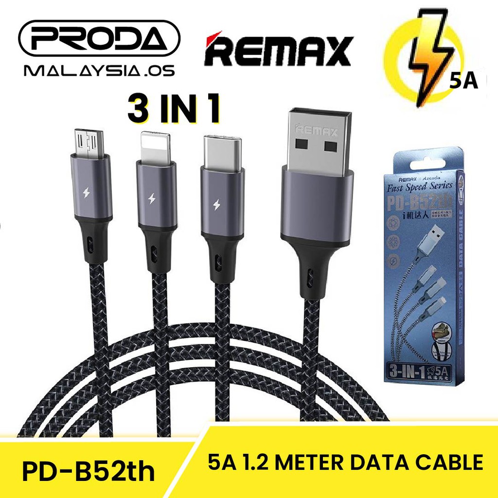 Remax x Azeada Fast Speed Series PD-B52th 3-in-1 2.1A 1.2 Meter Data ...