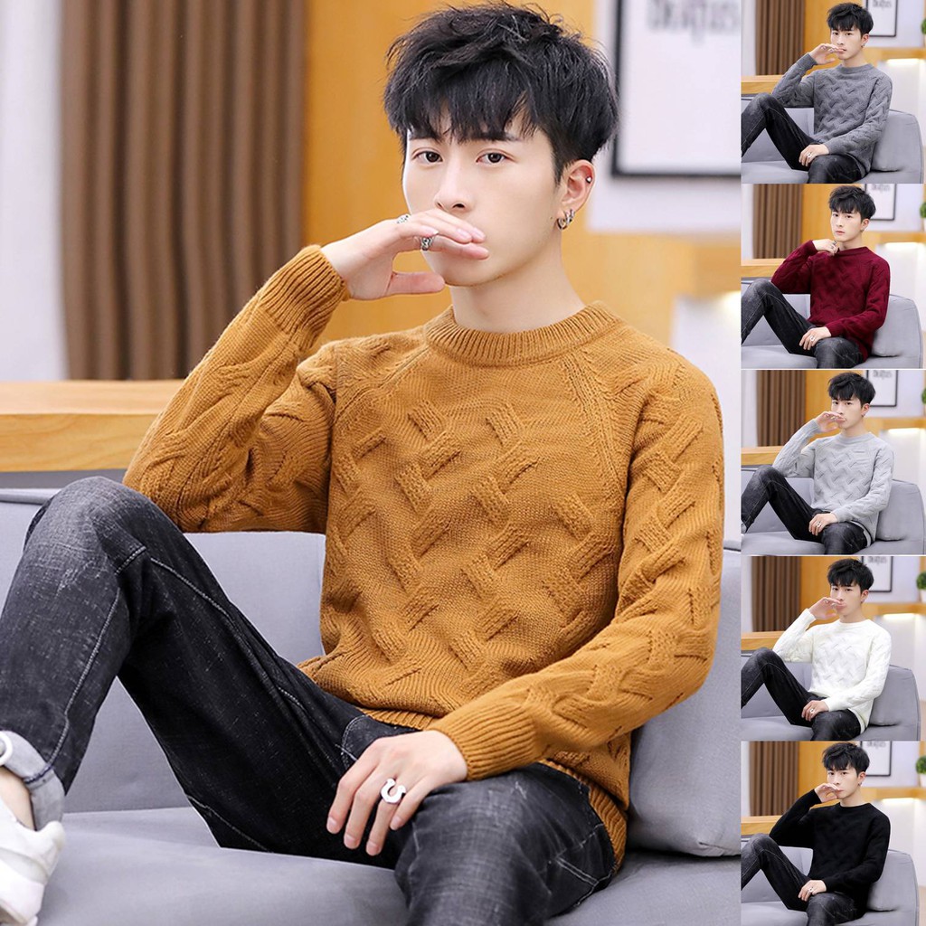 Men s Korean Slim Round Neck Sweater Trend Youth Cardigan Shopee