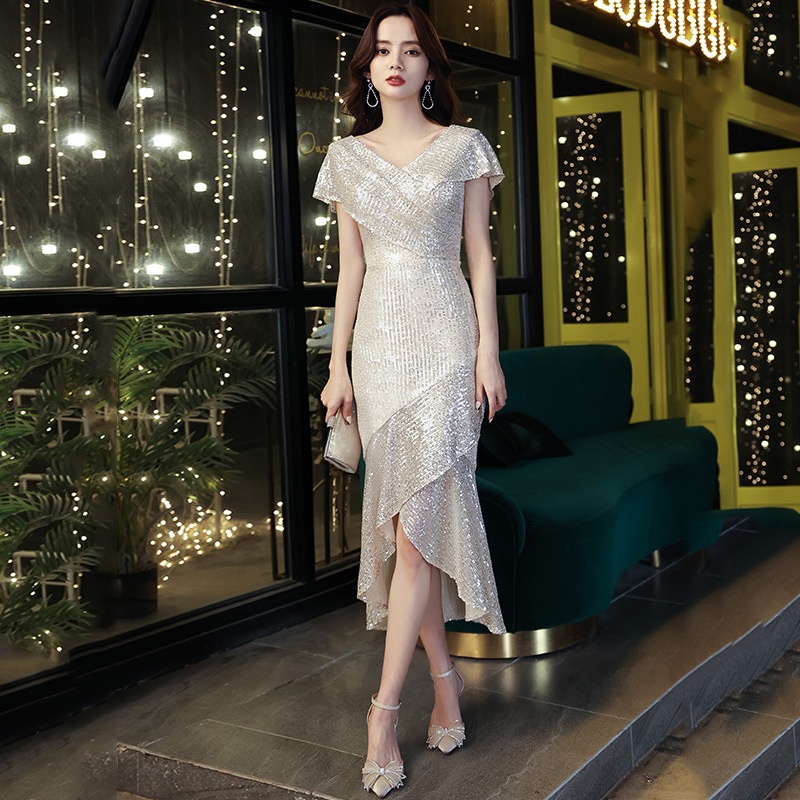 Sequined Evening Dress Female Gas Field Queen Fashion Short Slim Sexy Party Banquet Host Dress