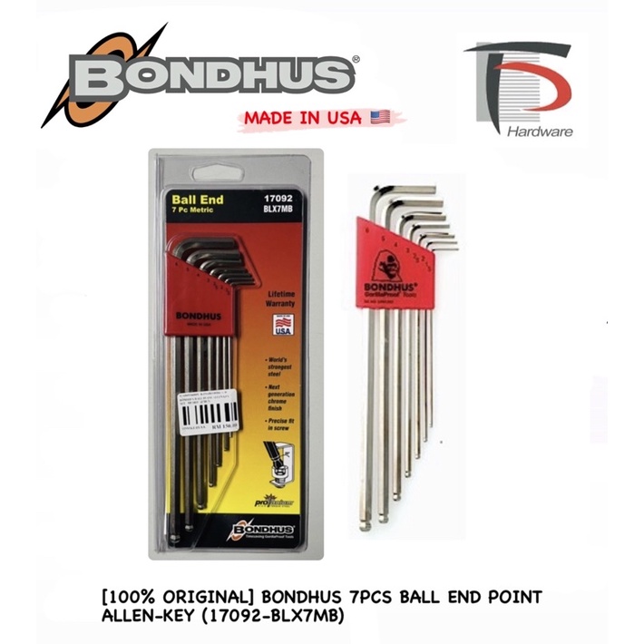 100 ORIGINAL BONDHUS 7PCS BALL END POINT ALLEN KEY 17092 BLX7MB