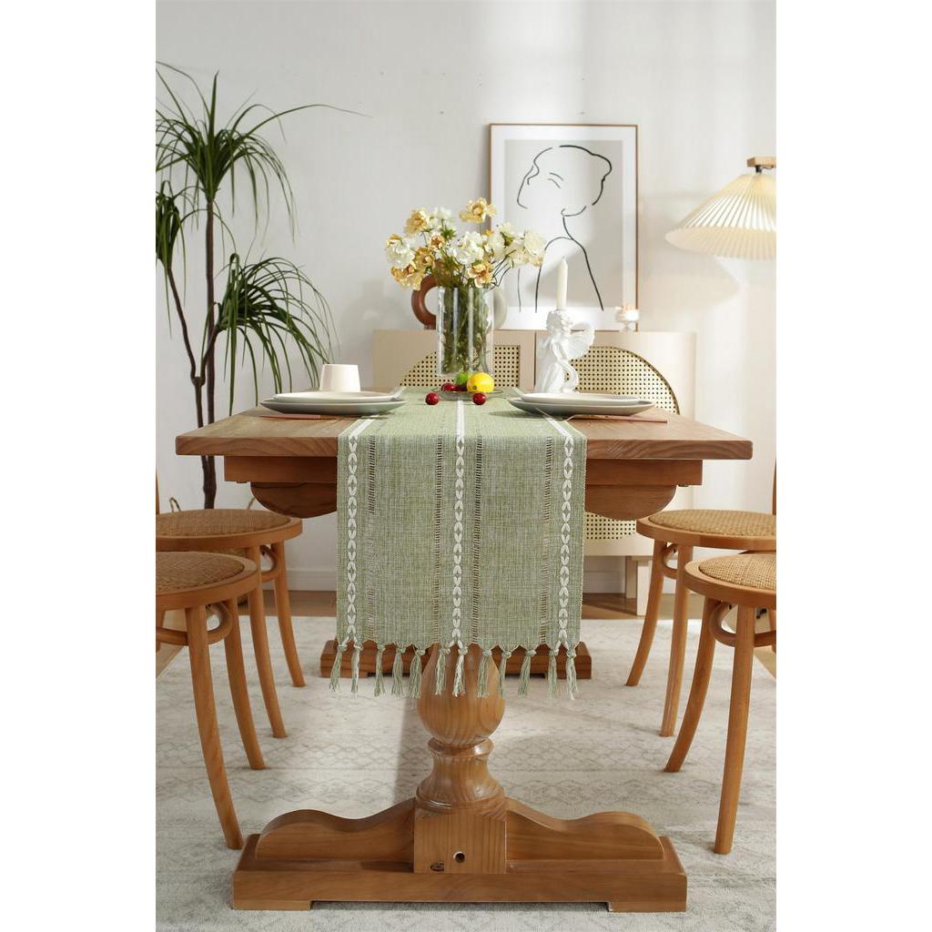 HDS Raya Green Table Runner ☪️ INS Minimalist Handmade Cotton Linen ...