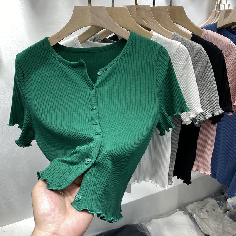 Summer Women Agaric Edge Cardigan T Shirt Slim Short Sleeve Solid Color Shopee Malaysia 8413