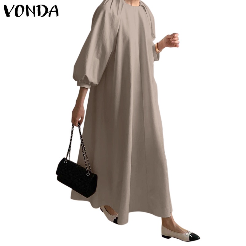 VONDA Women Casual Round Neck Korean 3/4 Sleeve Loose Plain Pleated ...