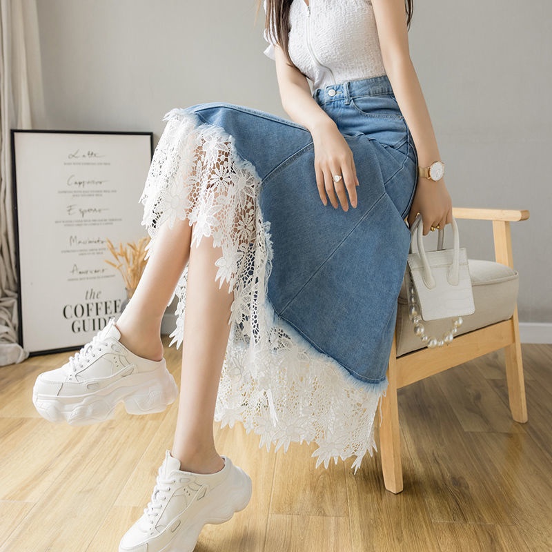 Lace jean skirt best sale