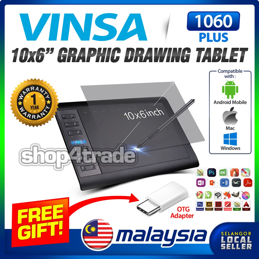 VINSA 1060plus Digital Drawing Pad Micro USB Signature Graphics Drawing Pen Tablet Game Battery