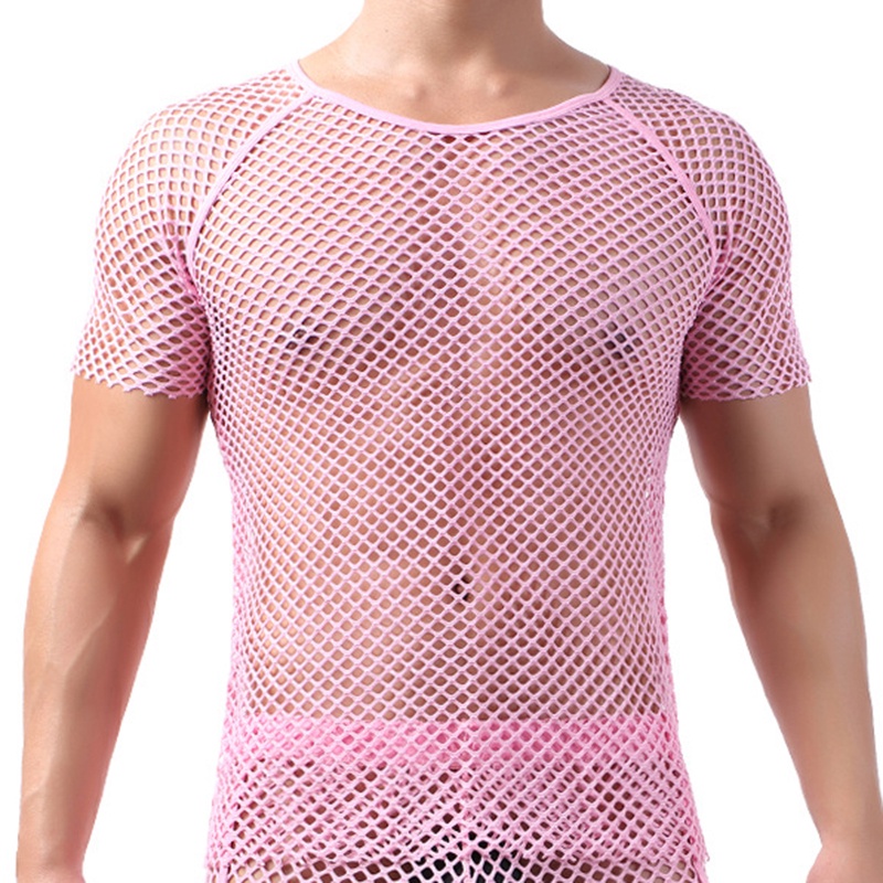 Men Mesh TShirt Clubwear Streetwear Perform Male Short Sleeve See