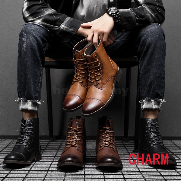 Original quality Genuine leather vintage high top shoes Yellow men s boots Ankle motorcycle boots Martin boots Shopee Malaysia