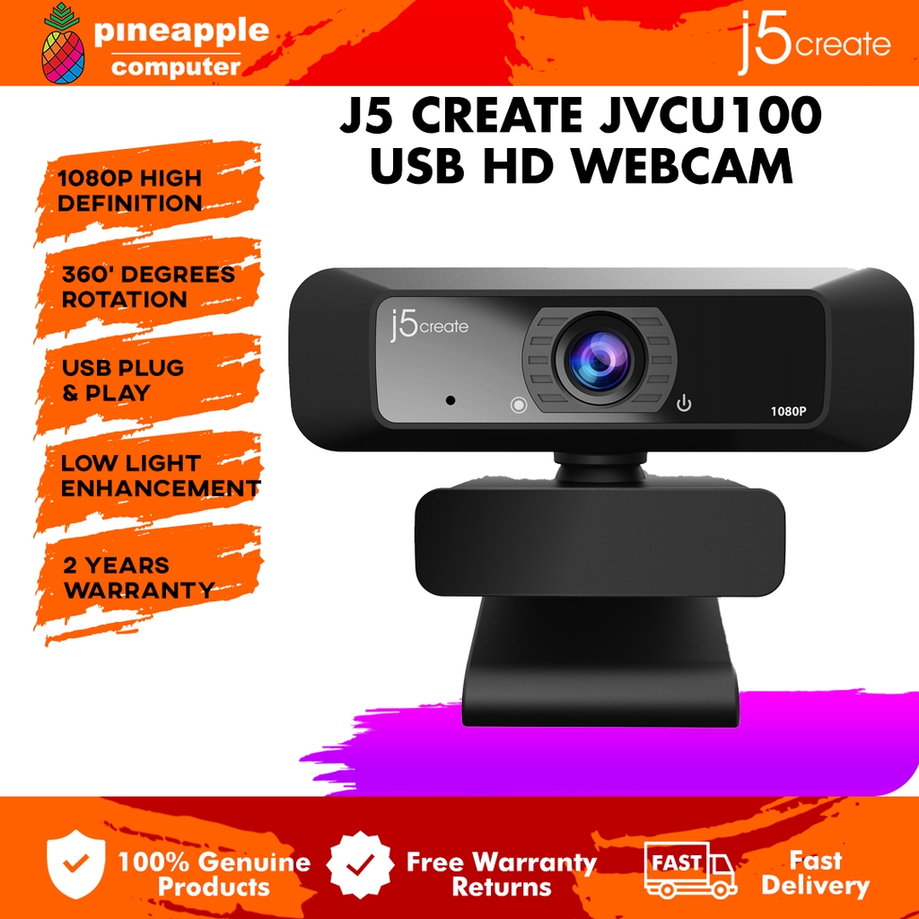 J5 Create JVCU100 Webcam with 360° Rotation, Built-In Mic, Low Light ...