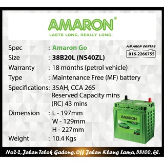 Honda City | AMARON GO 38B20L (NS40ZL) | Car Battery | Bateri Kereta ...