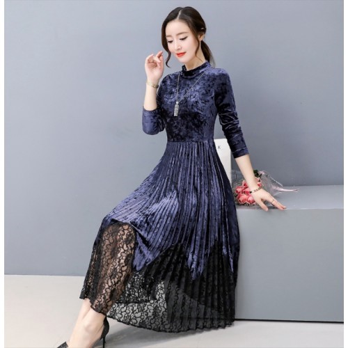 K Fashion Elegant Velvet / Lace Blue Midi Dress 3023-70 | Shopee Malaysia