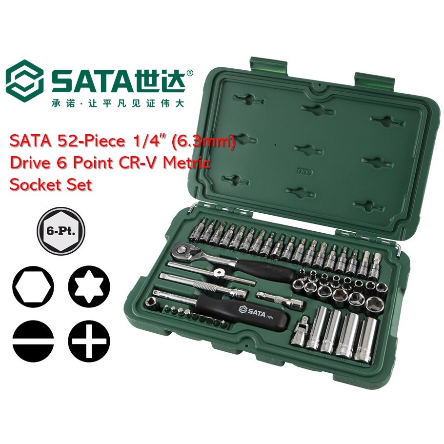 SATA 52-Piece 1/4" ( 6.3mm ) Drive 6 Point CR-V Metric Socket Set ...