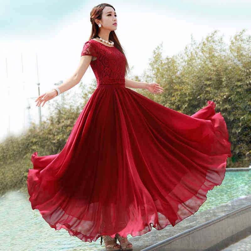 Elegant Women Dress Dinner Dresses Lace Chiffon Long Dress For